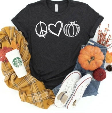 Peace Love Pumpkin T Shirt | Autumn Graphic Tee | Fall Graphic Tees for Her | Harvest T Shirts